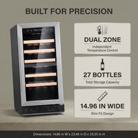 15 In. W 27-Bottle Dual Zone Wine Cooler in Stainless Steel — Results & Stats