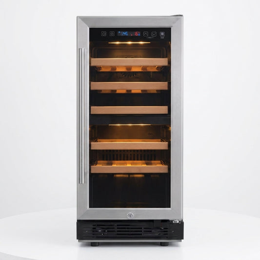 15 In. W 27-Bottle Dual Zone Wine Cooler in Stainless Steel — Studio Shot