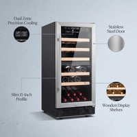 15 In. W 27-Bottle Dual Zone Wine Cooler in Stainless Steel — infographic