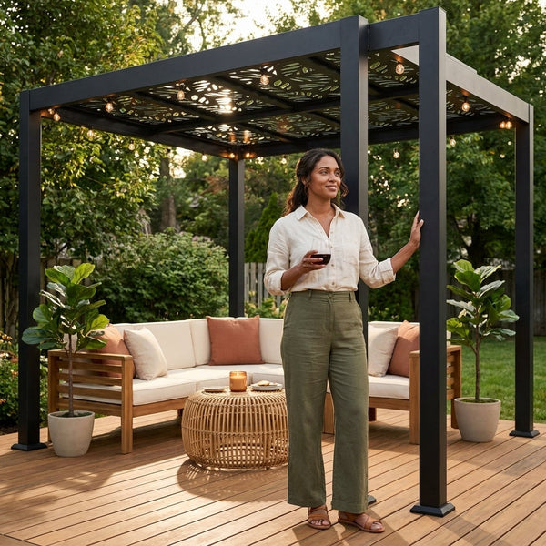 Aluminum Pergola Designed for Modern Outdoor Living, 8x8 Matte Black Frame, Powder Coated, Easy Assembly