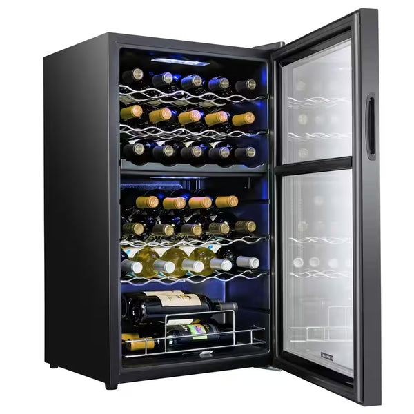 Dual Zone 33-Bottle Freestanding Wine Cooler with Lock in Black