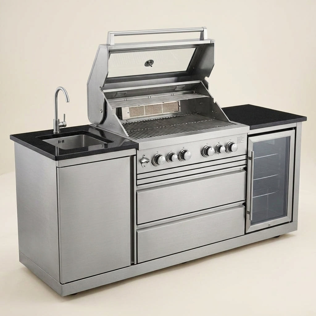 Outdoor Kitchen Island Designed for Culinary Excellence, 4-Burner 72000 BTU, Stainless Steel Modular, 98 Inch — Studio Shot