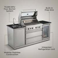 Outdoor Kitchen Island Designed for Culinary Excellence, 4-Burner 72000 BTU, Stainless Steel Modular, 98 Inch — infographic