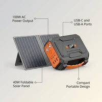 Solar Powered Generator 100W, Portable Power Station with Solar Panels 40W | 146Wh Solar Power Bank with AC Outlet,Usb A,USB C, DC Output, Small Solar Generator for Home Use Outdoor Camping RV Van Trip — infographic