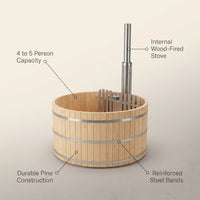 Wood Fired 4-Person to 5-Person 0-Jet Hot Tub and Ice Bath with Internal Stove Pine — infographic