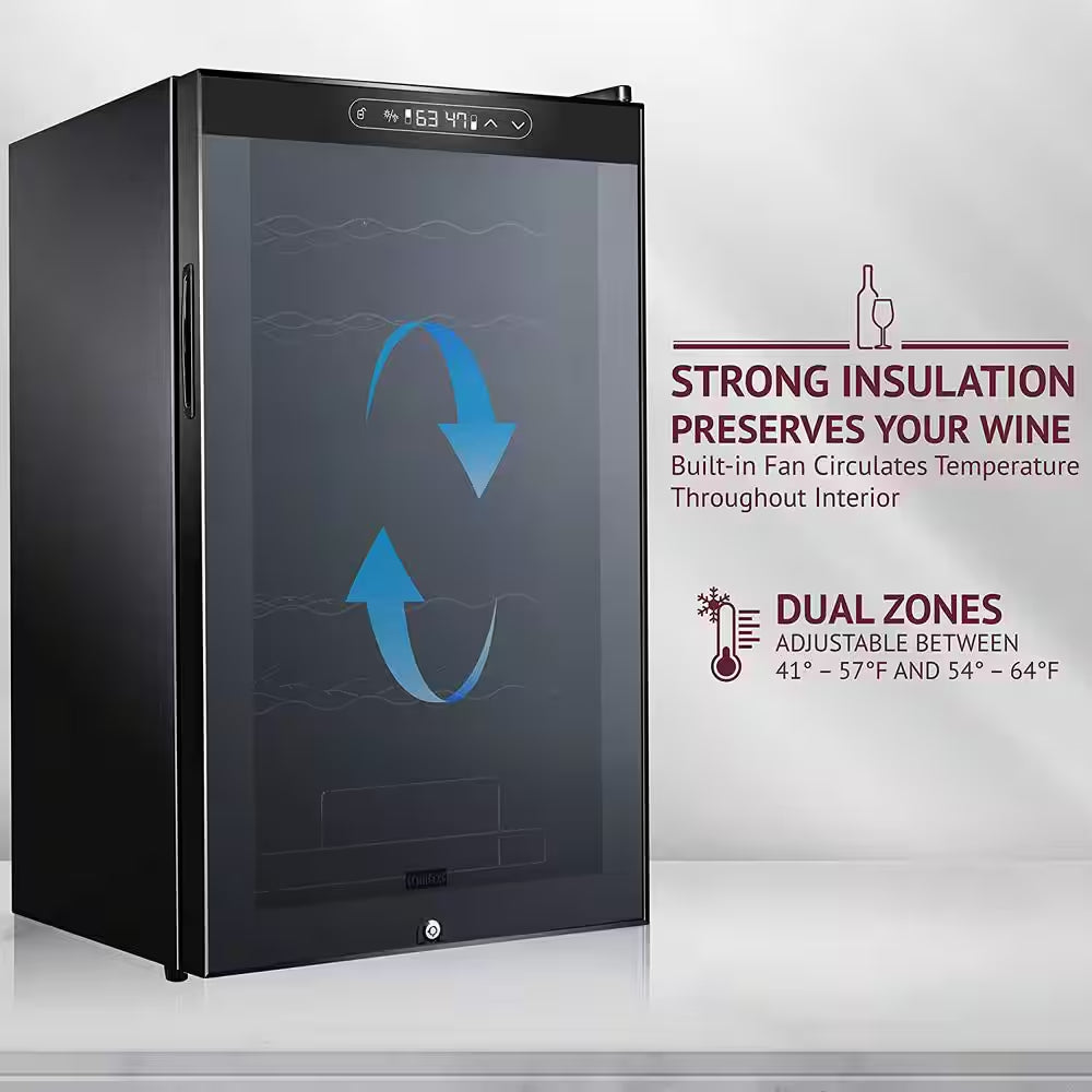 Dual Zone 33-Bottle Freestanding Wine Cooler with Lock in Black