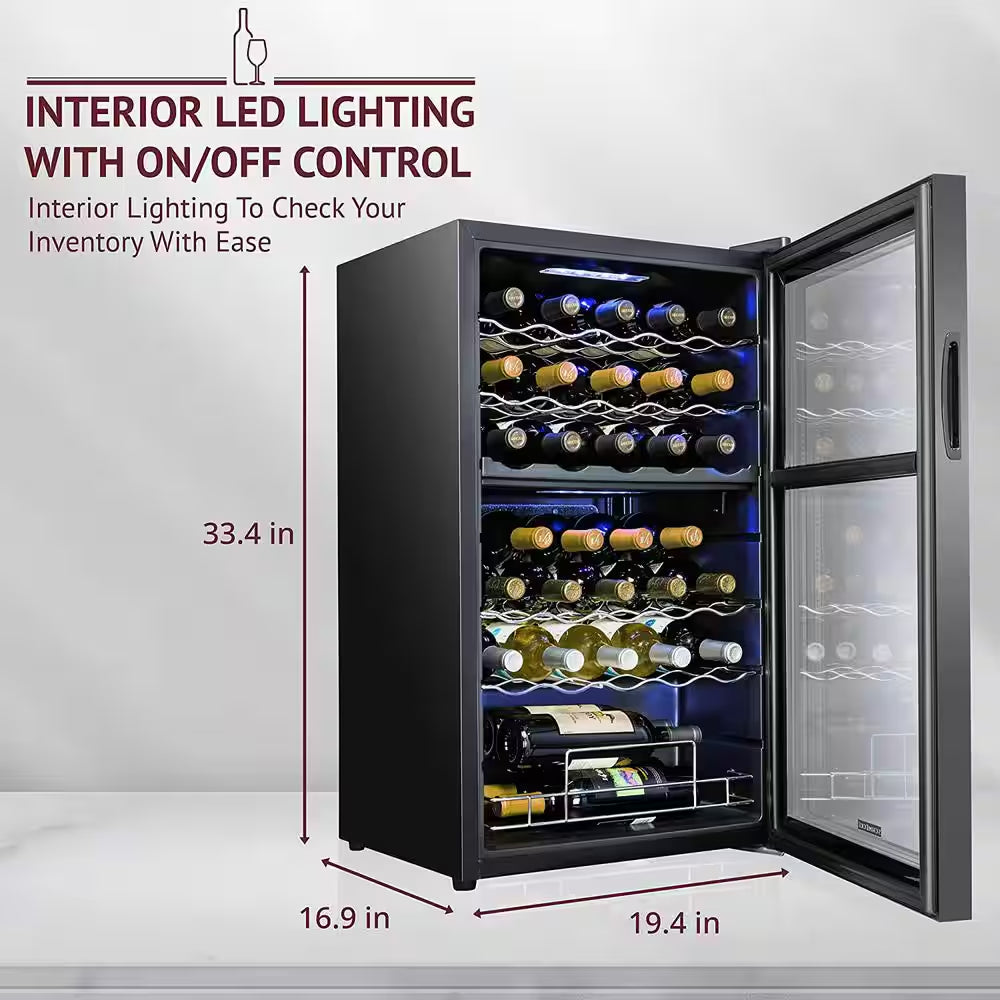 Dual Zone 33-Bottle Freestanding Wine Cooler with Lock in Black