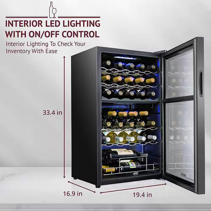 Dual Zone 33-Bottle Freestanding Wine Cooler with Lock in Black